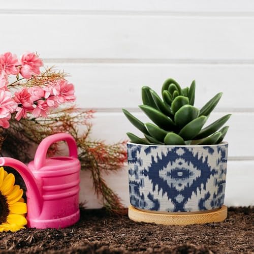 Blue Grey Ikat Planters Ceramic Solid Navy White Round Flower Pot with Drainage Holes and Bamboo Tray Pot for Indoor Outdoor Garden - Image 5