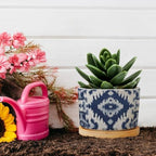 Blue Grey Ikat Planters Ceramic Solid Navy White Round Flower Pot with Drainage Holes and Bamboo Tray Pot for Indoor Outdoor Garden - Image 5