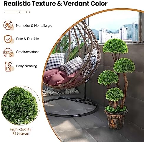DREAMADE 3ft. Artificial Cypress Topiary Tree, Ball Shaped Faux Cedar Trees w/Retro Cement Pot, 4 Boxwood Topiary Balls, Outdoor Plants Artificial for Porch, Foyer, Garden, Front Door, Set of 2 - Image 6
