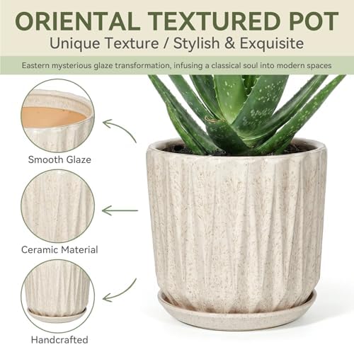 7.5 Inch Ceramic Planter Pot with Saucer Drainage Leak-Proof Mesh,Flower Pots for Indoor Plants with Gardening Gloves,Ceramic Planter (Silk White) - Image 3