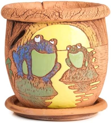 STP GOODS Ceramic Pot with Drainage Hole and Saucer, Plant Pots, Modern Decorative Planters for House Plants Indoor Flowers Plants, Cute Flower Pot - Gifts (Frogs in Moonlight (0.7 L)) by STP-Goods