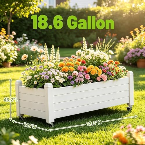 Raised Garden Bed with Wheels, Rolling Resin Planter Box,White - Image 3