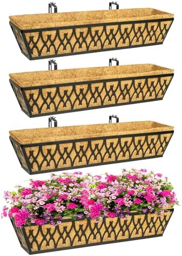 4 Pack 30 Inch Window Boxes Planters Railing Planter Box with Adjustable Brackets for Porch Fence Patio Balcony Hanging Flower Baskets with Coco Liners for Outdoor Garden Decor - Black by KarlliuHOMEGARDEN