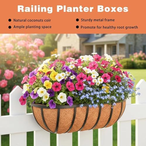 2 Pack 24" Railing Planter Window Box with Coco Fiber Liner Horse Trough Planter The Railing Planters Boxes for Deck Porch Fence Outdoor - Image 2