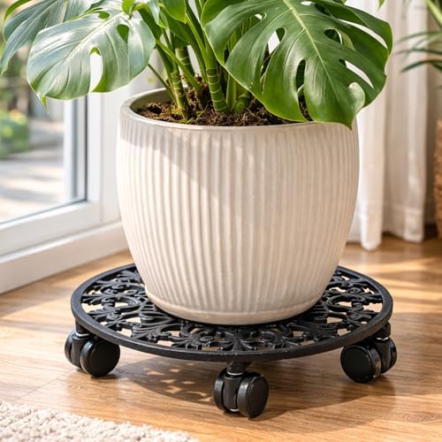 2 Pack Plant Caddy with Wheels, PlanterHoma 14 Inch Metal Plant Stand with Wheels Heavy Duty Wrought Iron Planter Dolly Rolling Stand Plant Roller with Casters for Indoor and Outdoor with 2 Pack Saucers - Image 2