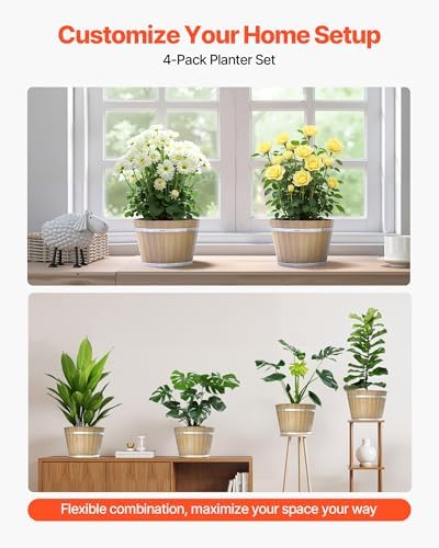 VEVOR Plant Pots, 4 Pack 11.81 inch Whiskey Barrel Planters with Drainage Holes, Large Outside Plastic Decoration Flower Pot Imitation Wine Barrel Design for Indoor Outdoor Garden Home Plants, Brown - Image 6