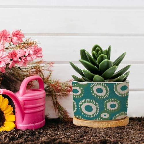 Green and Bukhara Ikat Ceramic Planters Peacock Strip Print Pots for Plants with Drainage Holes and Saucers Pot for Succulents Cactus Garden Windowsill - Image 5