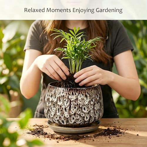 10.3 Inch Ceramic Planter with Saucer,Modern Garden Pots with Drainage Hole Mesh Net, for Indoor Outdoor Use (Speckle White) - Image 5