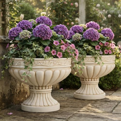 Christopher Knight Home Lina 15.94" H Classical Urn Planters Set of 2, MGO Outdoor Flower Pots, Weather-Resistant Outdoor Planters Set, Scroll & Fluted Pedestal Planter Pot, Antique White - Image 3