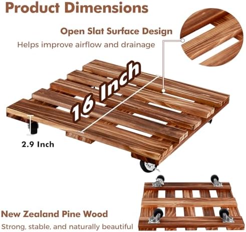 16 Inch Plant Caddy with Wheels, 4 Pack Rolling Plant Stand Rollers with Casters Wooden Plant Dolly with Wheels Heavy Duty Large Rolling Planter Base for Indoor & Outdoor Plants Square Flower Stand - Image 6