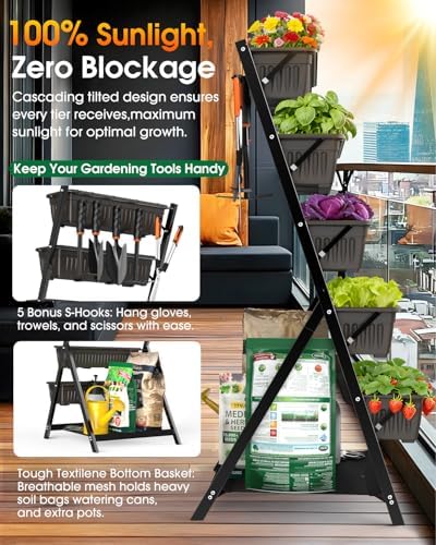 5-Tier Vertical Garden Bed Planter Boxes with Drainage System & Storage Space, Freestanding Vertical Garden Planter with 5 S-Hooks for Plants Vegetables Flowers Herbs in Garden Patio Yard - Image 3