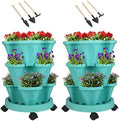 GameXcel Vertical Planter Tower - 3 Tier Stackable Garden Planters with Wheels and Tools Plant Pots for Strawberry Herb Flower and Vegetable Indoor Outdoor Use Teal 2 Pack by GameXcel