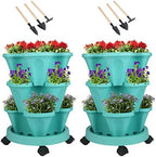 GameXcel Vertical Planter Tower - 3 Tier Stackable Garden Planters with Wheels and Tools Plant Pots for Strawberry Herb Flower and Vegetable Indoor Outdoor Use Teal 2 Pack by GameXcel