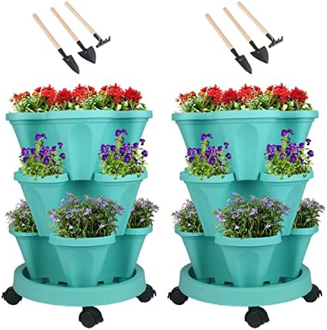 GameXcel Vertical Planter Tower - 3 Tier Stackable Garden Planters with Wheels and Tools Plant Pots for Strawberry Herb Flower and Vegetable Indoor Outdoor Use Teal 2 Pack by GameXcel