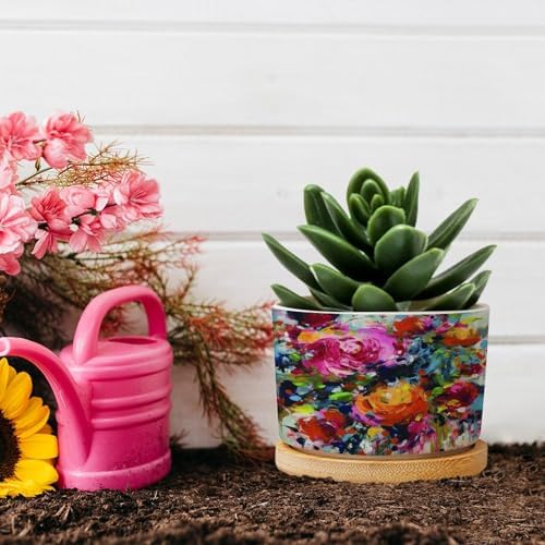 Bright Floral Pink Rose Dorm Planter Ceramic Blooms Flower Painting Round Plant Pots with Drainage Holes and Bamboo Tray Pot for Succulents Cactus Garden Windowsill - Image 5