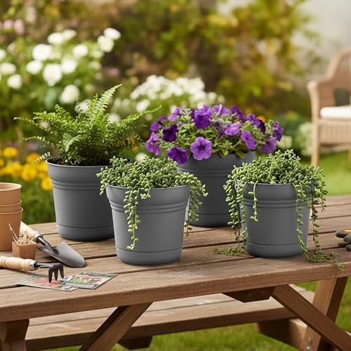 Bloem Saturn 7" Plastic Planter with Saucer, Charcoal, 4-Pack - Image 2
