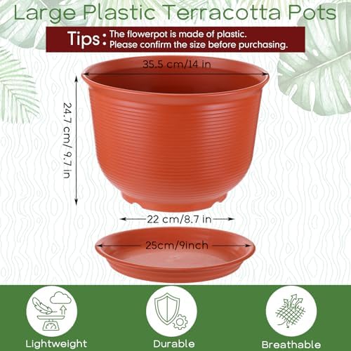 2 Pack 14 Inch Plastic Large Terracotta Plant Pot with Drainage Hole and Saucer Large Plant Tree Pots Flower Tree Containers for Indoor Outdoor Gardening Front Porch Patio Yard or Deck - Image 2