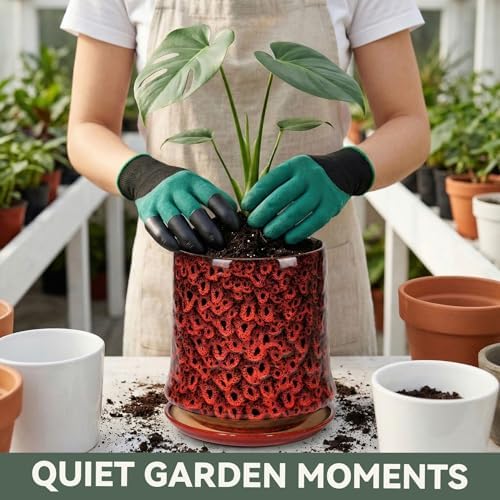 11 Inch Ceramic Planter Pot with Saucer Drainage Leak-Proof Mesh,Flower Pots for Lavender with Gardening Gloves,Ceramic Planter for Orchid(Spotted Red) - Image 5