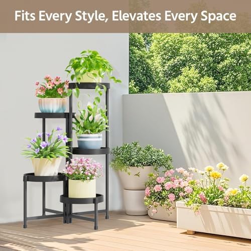 LASZOLA Plant Stand Indoor Outdoor Tall with Plastic Tray, 5 Tiers Black - Image 2