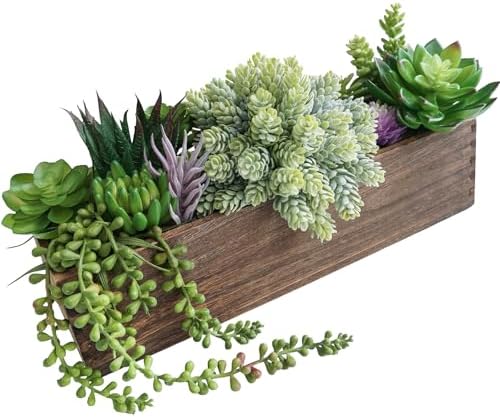 Winlyn 15" Assorted Artificial Succulent Arrangement Assorted Succulents in Rectangular Wooden Planter Faux Potted Plant for Farmhouse Table Centerpiece Windowsill Shelf Desk Mantel Greenery Décor by Winlyn