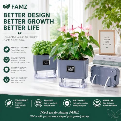 Self Watering Planters 4 Pack, 7 Inch Rectangle Plant Pots with Visible Water Reservoir, Indoor Outdoor Herb Planter Boxes for Windowsill，African Violets，Succulents，Flowers，Kitchen，Office，Balcony Gray - Image 3