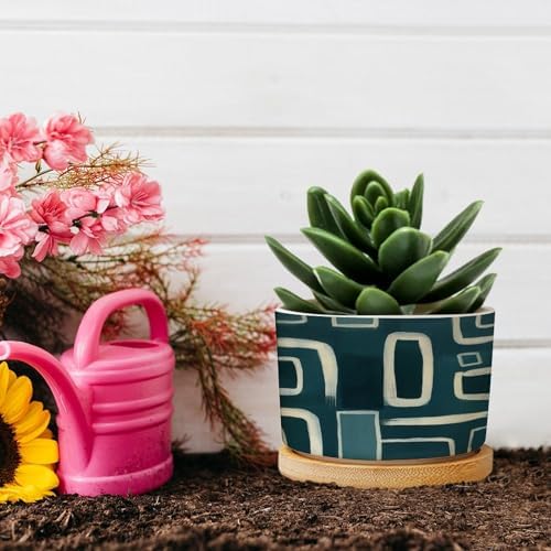 Teal Blue Graffito Ceramic Planters Green White Geometric Flower Pots for Indoor Plants with Drainage Holes and Saucers Pot for Indoor Outdoor Garden - Image 5