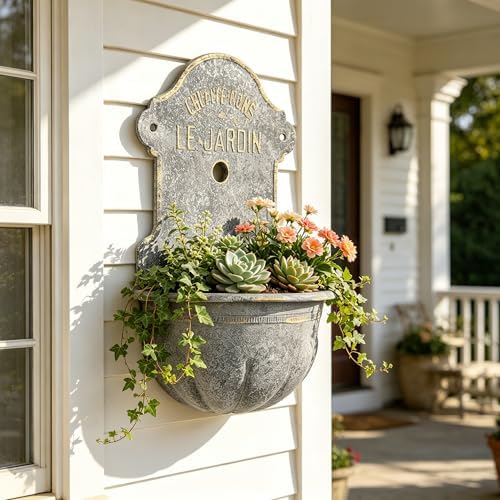Large French Country Wall Planter, 27.95" H x 18.11" W Vintage Metal Le Jardin Wall Mounted Flower Pot, Rustic Farmhouse Vertical Garden Planter for Indoor Outdoor Patio, Living Room, Balcony Decor - Image 2