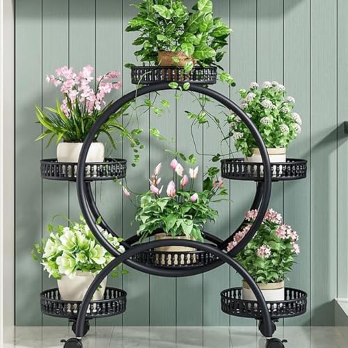4 Tier Metal Plant Display Rack,4 Tier Tall Plant Stand with 4 Wheels Indoor Outdoor Round Flower Stand 6 Flower Pot Holder Display for Patio Garden Corner Balcony Living Roomv (Black, Six trays) by Unknown