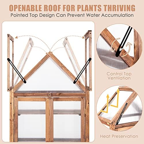 LDAILY Cold Frame Greenhouse, Wooden Raised Flower Planter Shelf w/ Triangular Top Grow Protection, Double Doors, Greenhouse Cabinet for Outdoor Patio Balcony Garden Backyard, 27" L x 16" W x 58" H - Image 3