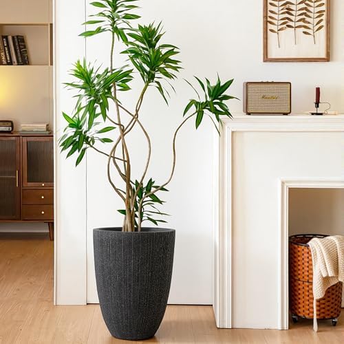 19" Black Concrete-Look Resin Tall Planters with Fluted Texture - Image 3