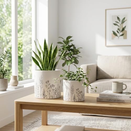 Home Decor Planters and Flower Pots – Planters for Indoor and Outdoor Decor with Wildflowers Design – Contemporary Plant Stand That Elevate Patio, Garden, and Room Decor Set of 2 – 8", 6" White & Navy by NESSANDJORD