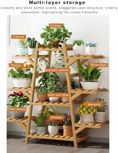 8-Tier Bamboo Plant Stand, Stylish Black Multi-Plant Holder - Indoor/Outdoor Flower Shelf Ladder Organizer for Living Room, Balcony, Garden Display - Image 3