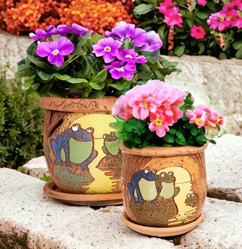 STP GOODS Ceramic Pot with Drainage Hole and Saucer, Plant Pots, Modern Decorative Planters for House Plants Indoor Flowers Plants, Cute Flower Pot - Gifts (Frogs in Moonlight (0.7 L)) - Image 3