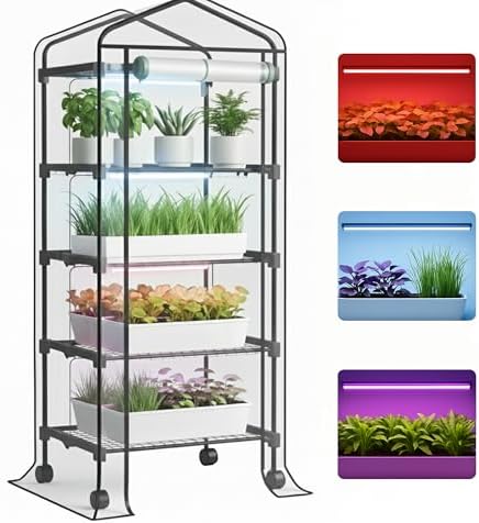 Mini Indoor Greenhouse with Grow Light - Portable Outdoor for Plants Green House Cabinet with Wheels, Tent Cover, 4 LED Lights with Dimmable 3 Color 36W, 4 Tier Gardening Shelves by MKcreatorem