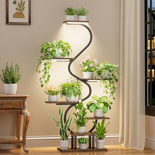 CODACE Plant Stand Indoor with Grow Lights - Tall Corner Plant Shelf, 7 Tiered Plant Stands for Indoor Plants, Metal Flower Plant Rack, Curved-Shaped Inoor Plant Holder for Living Room, Patio（Black by CODACE