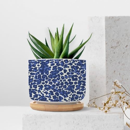 Leopard Purple and White Dot Planters Ceramic African Tribal Animal Print Round Plant Pot with Drainage Holes and Bamboo Tray Pot for Home Office Decoration - Image 7