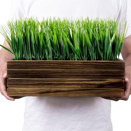 MyGift 14 Inch Artificial Green Grass Plant in Rustic Burnt Solid Wood Rectangular Crate Style Planter Box, Indoor Decor Faux Greenery in Decorative Wooden Container - Image 6
