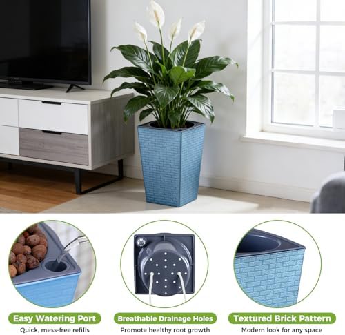 Self Watering Pots for Indoor Plants, 2 Pack Flower Pots Self Watering Planter 10.7" x 6.9" Plastic Pots African Violet Wick and Grow Pots Tall Orchid pots Square Large Plant Pots, Blue - Image 5