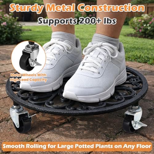 2 Pack Cast Iron Plant Caddy with Wheels Heavy Duty 12 Inch Plant Rollers - Image 4