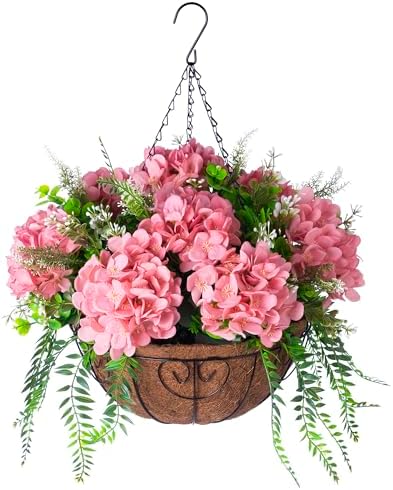 Ammyoo Artificial Champagne Hydrangea Flowers with Hanging Basket for Decor by Ammyoo