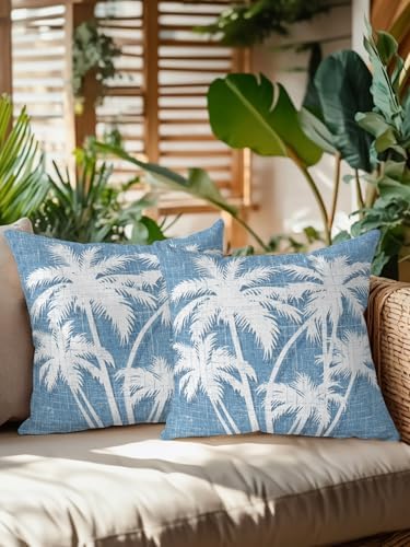 Tropical Palm Tree 18x18 Waterproof Outdoor Throw Pillows Set of 2 with Inserts, Vintage Sky Blue Exotic Botanical Plants Patio Decorative Cushions for Outdoor Sofa Porch Garden Furniture - Image 2