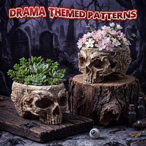 2 Pack Halloween Skull Planter, White, Carved - Image 5