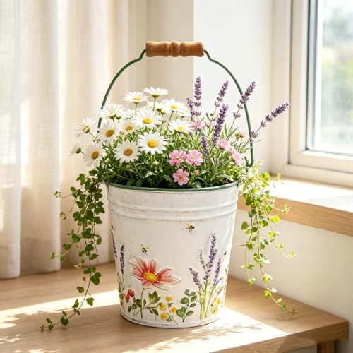 3-Piece Floral Metal Planter Bucket Set - Rustic Lavender Decorative Flower Pots for Succulents, Herbs & Indoor/Outdoor Garden, Flower Arranging, Wedding Party Home Decor Accents - Image 3