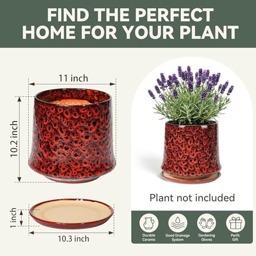 11 Inch Ceramic Planter Pot with Saucer Drainage Leak-Proof Mesh,Flower Pots for Lavender with Gardening Gloves,Ceramic Planter for Orchid(Spotted Red) - Image 6