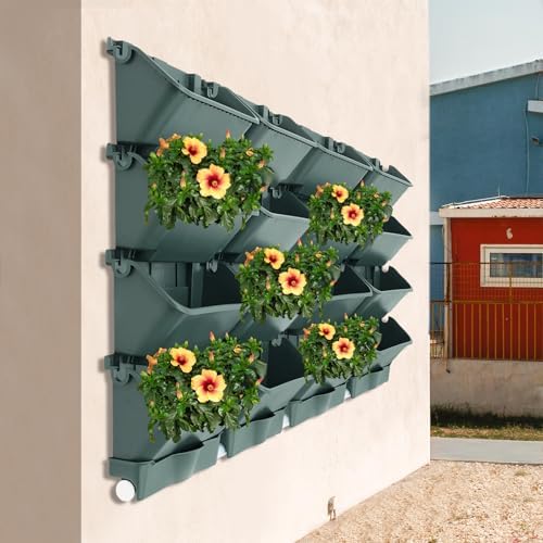 20Pack Vertical Wall Planter, 13 inch Wall Mounted Garden Planters, Stackable Wall Hanging Planter, Plastic Flower Pot with 4 Drainage Tray & 6.56FT Drainage Pipe for Indoor and Outdoor (Green) - Image 4