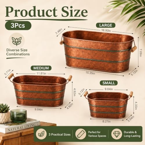 Zonon 3 Pcs Oval Galvanized Flowers Planter Tub with Handles, 17/12/10 in - Image 4