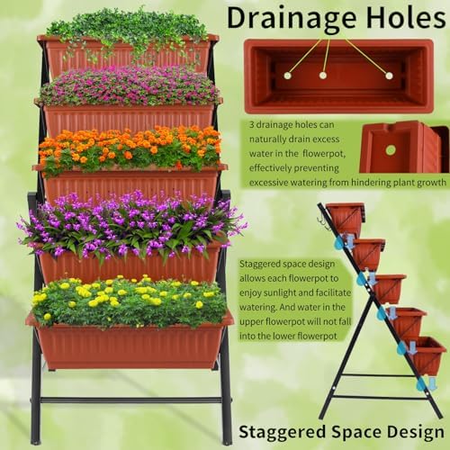 Homdox 3.74FT Vertical Garden Bed, 5 Tiers Raised Garden Planter, 23 * 26 * 45Inch Outdoor Stand with 4 Hooks for Vegetable Flower, Patio Yard, Brown - Image 3