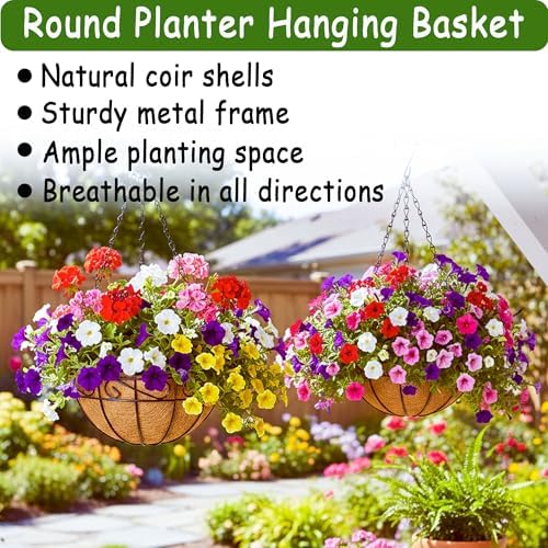 14 Inch Hanging Planters (4 Pack) - Round Metal Baskets with Cocoa Liners for Indoor/Outdoor Gardens, Porch & Patio Decor（HB） - Image 4