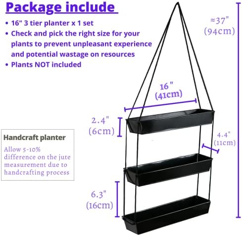 LaLaGreen 16 Inch Wall Mounted Tiered Planter for Indoor Succulent Plants, 3 Tier Modern Black Rectangular Metal Planter - Image 2