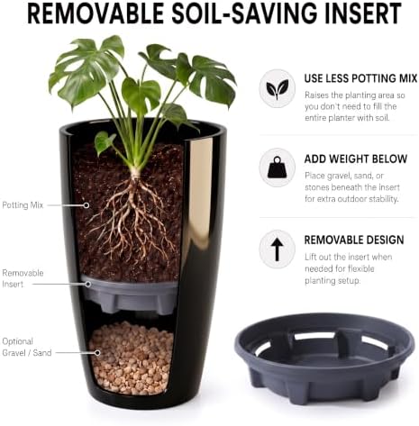 SUN-E Tall Planter for Outdoor Indoor Plants 2Pack, 21Inch Large Gloss Black Planter with Removable Insert Shelf High Glossy Piano Finish Ceramic-Look Tall Flower Pot for Office Lobby Minimalist Decor - Image 3